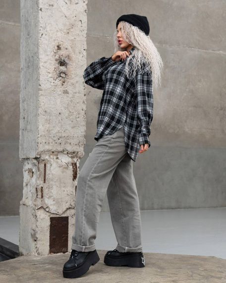 Женская фланелевая рубашка в клетку на пуговицах свободная, MN0003  цвет черный, размер 2XL/3XL | Зображення 2