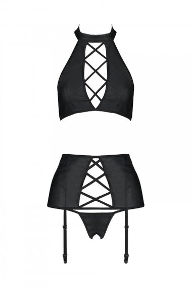 Комплект с имитацией шнуровки, трусики с разрезом, пояс для чулок Passion Nancy Set Черный 2XL/3XL | Зображення 2