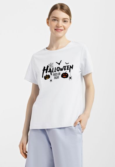 Футболка жіноча біла з принтом "Trick or treat", XL