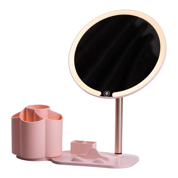 Дзеркало для макіяжу з підсвічуванням кругле настільне Ø21 см з підставкою Рожеве HP-10-9AP