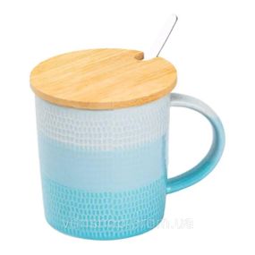 Чашка з бамбуковою кришкою та ложкою порцелянова 350 мл Блакитний HP7201LB