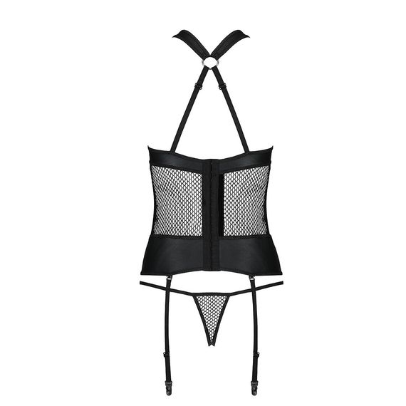 Сітчастий комплект корсет з халтером, зйомні підв'язки та трусики Passion AMANDA CORSET L/XL, black | Зображення 5