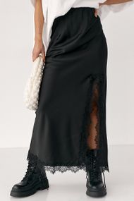 Сатинова довга спідниця з розрізом - чорний цвет, M (є розміри)