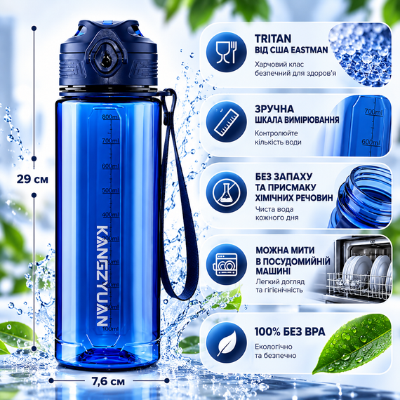 Пляшка для води KANGZYUAN 500 мл спортивна синя Tritan BPA Free ударостійка з герметичною кришкою | Зображення 4