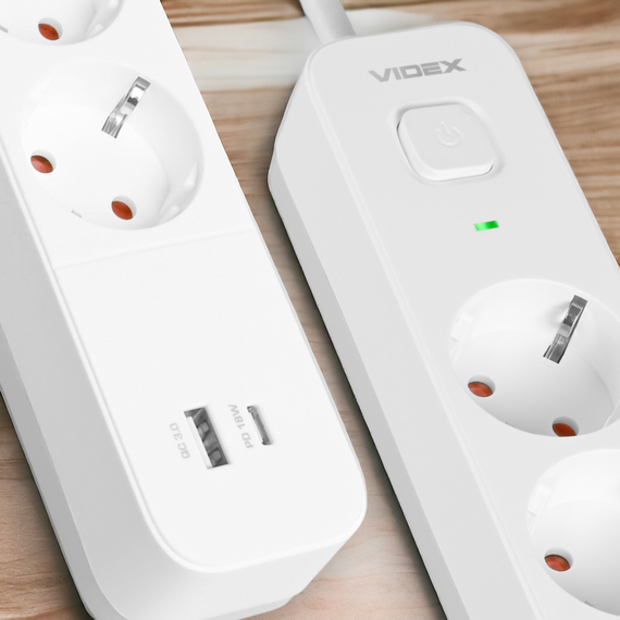 Мережевий подовжувач 3 м 4 гнізда з USB (QC3.0) і USB-C (PD18W) заземленням і кнопкою VIDEX VF-PD43G1QC1PD-W | Зображення 1