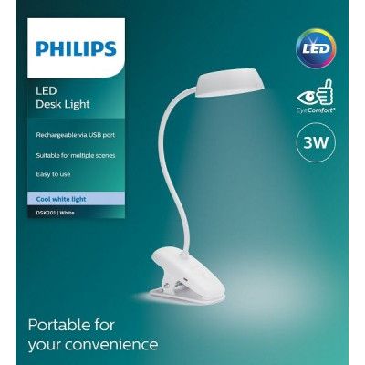 Настольная лампа Philips LED Reading Desk lamp Donutclip 3W, 4000K, 1200mAh (Lithium battery), білий | Зображення 2
