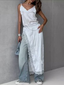 Женский летний шелковый сарафан с высоким вырезом и кружевом ZI3322 цвет белый, размер 48/52