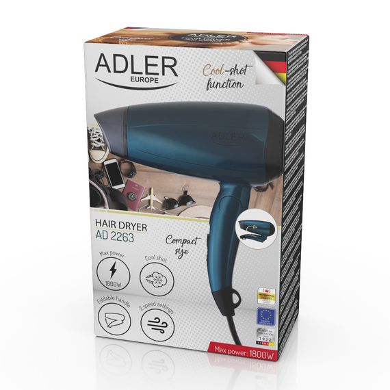Фен для волосся Adler AD 2263, 1800 Вт, складна ручка, дорожній, холодне повітря, концентратор | Зображення 8