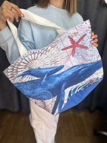 Женская большая пляжная сумка с дельфином одно отделение на молнии AV108 размер 48/34, синяя