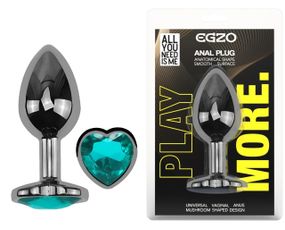 Анальная пробка EGZO Dark Silver M, металлическая анатомичная, с бирюзовым кристаллом Sex Aura