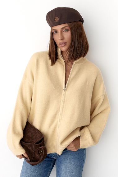 Теплий в'язаний кардиган на блискавці - бежевий цвет, ONE SIZE (є розміри)