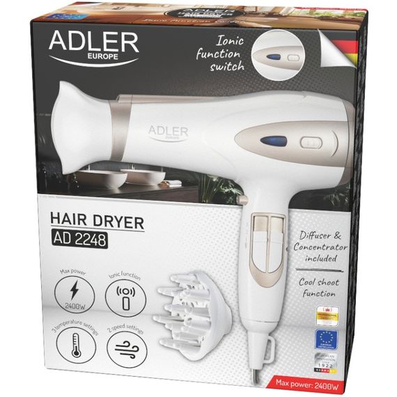 Фен Adler AD 2248 white champagne 2200Вт/ 2 швидкості/ хол.обдув/ темп.режимів-3/ іонізація/ дифузор | Зображення 1