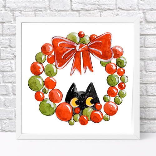 Постер в рамці Котик и рождественский венок 30x30 см