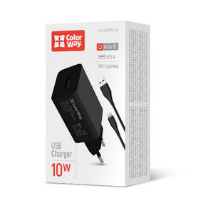 Зарядний пристрій мережевий USB + кабель Lightning 2,0A 10W чорний ColorWay CW-CHS012CL-BK