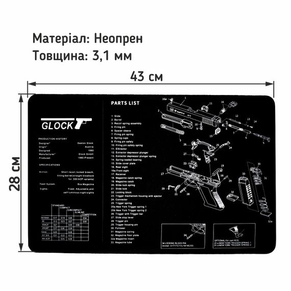 Набір UAD для чищення зброї калібри .22 .357 .38 .40 .45 9мм з килимком Glock 43х28см | Зображення 1