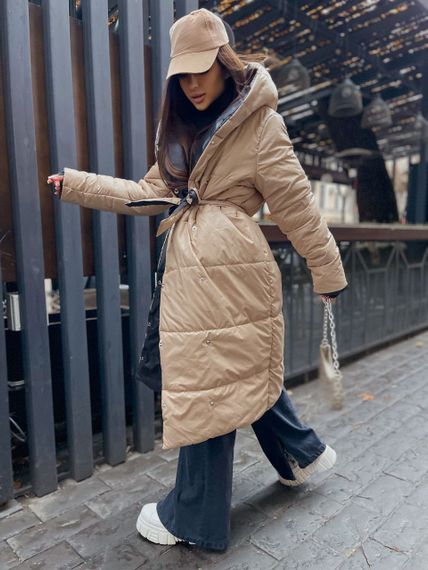 Женская двухсторонняя куртка-пальто длинное на кнопках LY30368 цвет черно-бежевое, размер 42/48 | Зображення 6