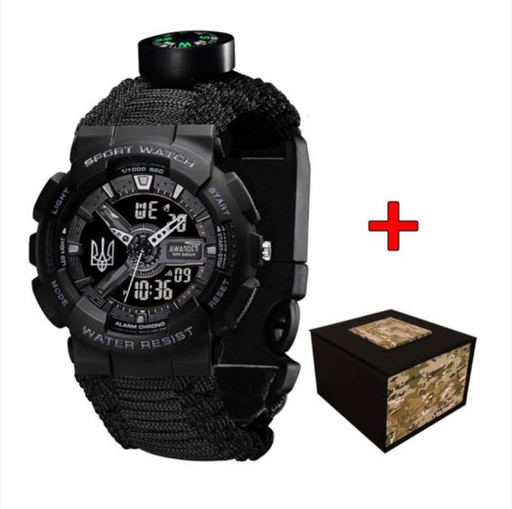 Чоловічий годинник Awarder 005 Тризуб срібло Black + Паракордовий ремінець Black 1202-0166