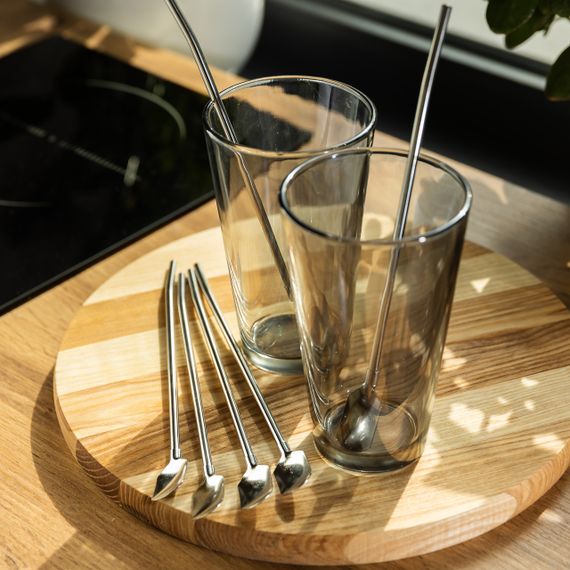 Набір багаторазових ложок-трубочок 6 шт для напоїв 22 см зі щіткою для миття з нержавіючої сталі Сірий HP-20-19 | Зображення 3