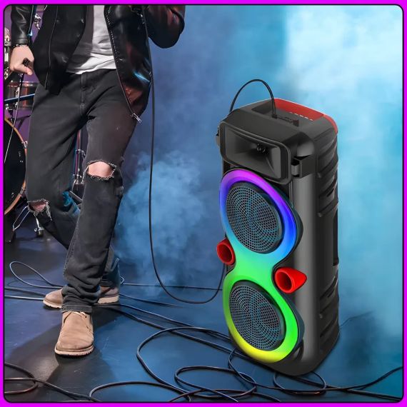 Портативна Bluetooth колонка 2х8" з дротовим мікрофоном і RGB підсвіткою ZQS8275 40W | Зображення 6