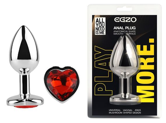 Анальна пробка з кристалом EGZO - Silver Heart Plug Red size M Sex Aura