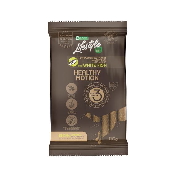 Лакомства Nature's Protection Lifestyle Grain Free White fish Healthy Motion беззерновые с белой рыбой для активных взрослых собак всех пород 110 гр