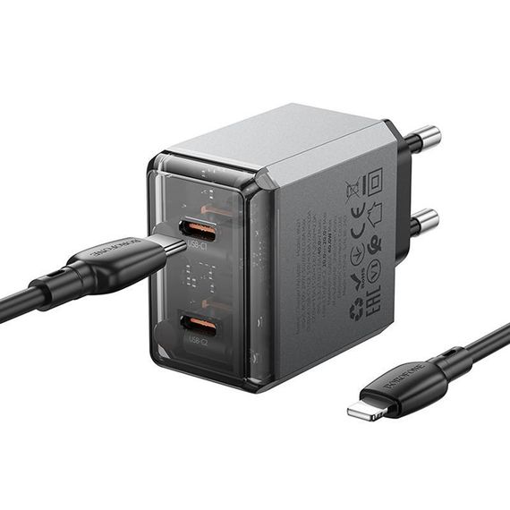СЗУ Borofone BN21 Lena PD40W+QC3.0 (2USB-C) + кабель Type-C to Lightning Metal gray | Зображення 3
