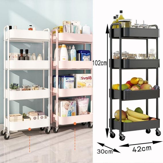 Органайзер на колесах 4-ярусний, етажерка металева складна підлогова, полиця для зберігання для кухні, ванної, мобільний стелаж | Зображення 1