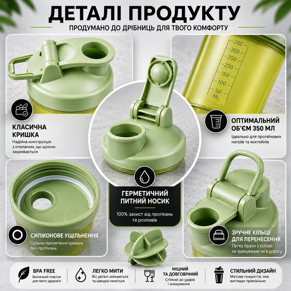 Спортивный шейкер Hi! с шариком (венчиком) для протеина и коктейлей, 350 мл - Зеленый (Оливковый) | Зображення 3