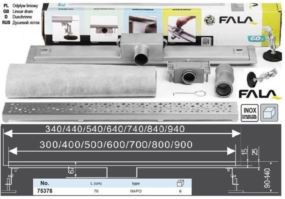 Трап для душа напольный Польша NAPO 70х7х5,2 см FALA-75378