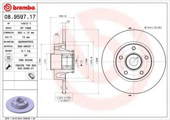 Диск гальмівний BREMBO 08959717 на RENAULT TRAFIC II автобус (JL)