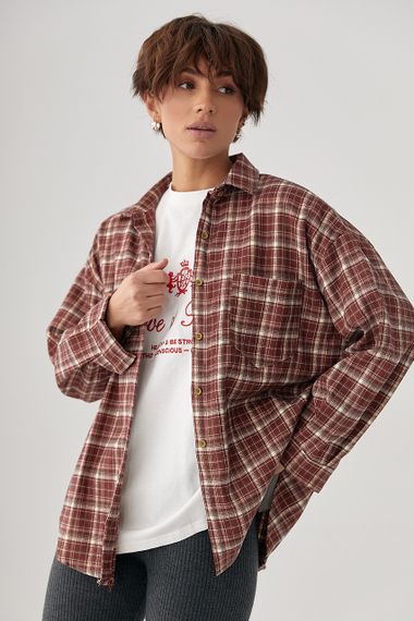 Картата сорочка з накладною кишенею - темно-червоний цвет, ONE SIZE (є розміри)