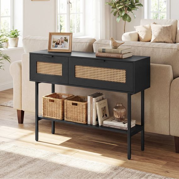 Стіл-консоль Costway Stockholm Rattan з полицею у передпокій лофт чорний | Зображення 2