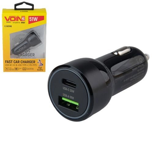 Автомобільний зарядний пристрій VOIN 51W, 1USB QC3.0 18W + 1PD 33W, 12/24V