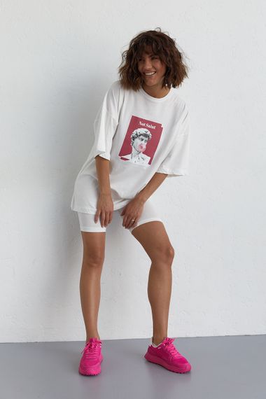 Женский костюм с футболкой oversize и велосипедками - молочный цвет, L (есть размеры) | Зображення 4