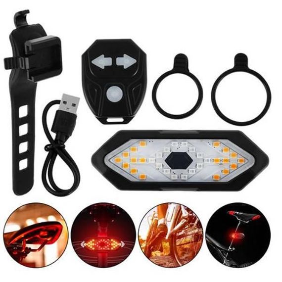 Велофонарь аккумуляторный с указанием поворотов (красный + желтый) с пультом CR2032 Черный