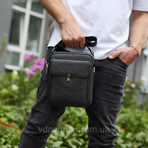Сумка-барсетка мужская кожаная 24х20х8, компактный мессенджер для ежедневного использования, черная | Зображення 8