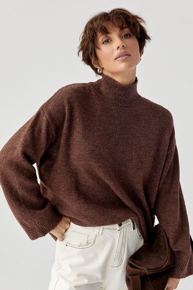 Теплий жіночий светр із широкими рукавами - коричневий цвет, ONE SIZE (є розміри)