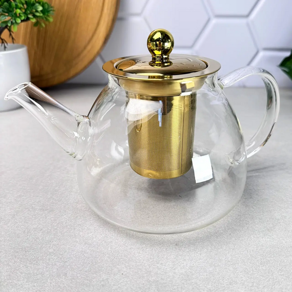 Стеклянный чайник GK-5807 1 л Dammann с золотистой крышкой и удобным ситечком для заваривания чая Прозрачный | Зображення 3