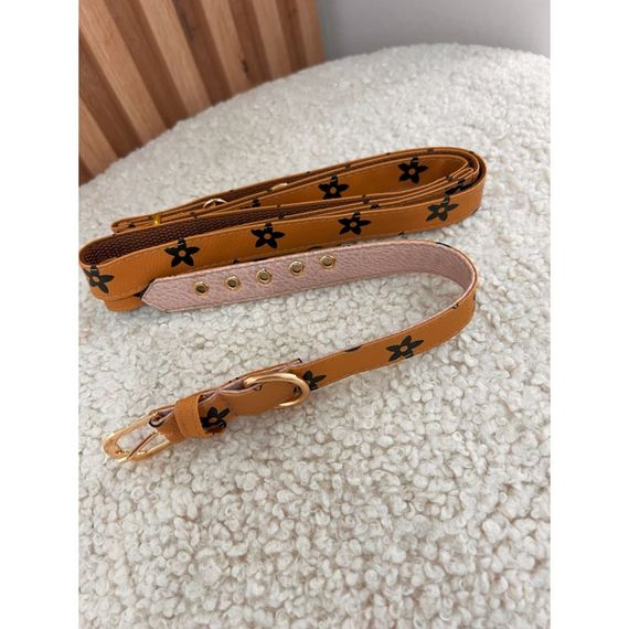 Брендовый ошейник и поводок для собак LOUIS VUITTON Эко кожа, расцветка с цветами, рыжий | Зображення 1