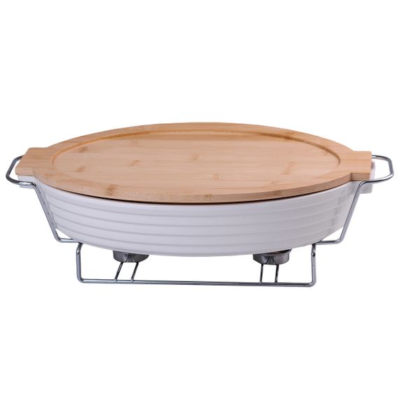 Мармит керамический с бамбуковой крышкой 1.8 л  на металлической подставкой с подогревом