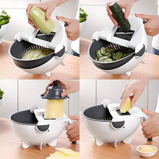 Овочерізка - мультислайсер з кошиком 9 в 1 WET BASKET VEGETABLE CUTTER Багатофункціональна ручна терка-шинковка з ємністю | Зображення 1