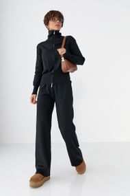 Трикотажний костюм із коротким кардиганом на блискавці та широкими штанами - чорний цвет, ONE SIZE (є розміри)
