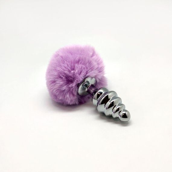 Металева анальна пробка Кролячий хвостик Alive Fluffy Twist Plug M Purple, діаметр 3,4 см | Зображення 1