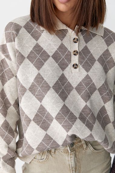 Вільний светр-поло з ромбами - бежевий цвет, ONE SIZE (є розміри) | Зображення 3