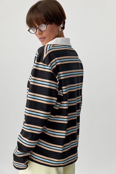 Смугастий лонг з комірцем поло - темно-коричневий цвет, ONE SIZE (є розміри) | Зображення 1