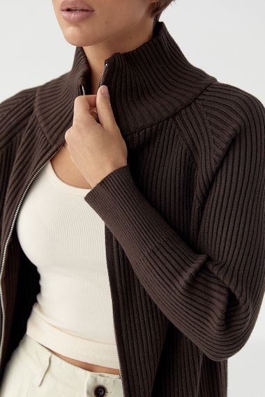 Кардиган в рубчик на блискавці - темно-коричневий цвет, ONE SIZE (є розміри) | Зображення 3