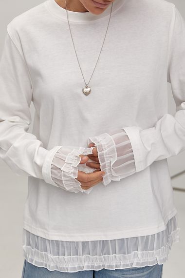 Вільний лонгслів з рюшами - молочний цвет, ONE SIZE (є розміри) | Зображення 3