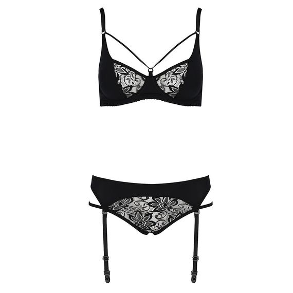 Комплект белья Passion PAULINE SET S/M, black, стрэпы, лиф, стринги и пояс для чулок | Зображення 4