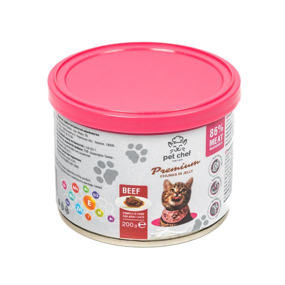 Вологий корм для котів Pet Chef шматочки в желе з яловичиною 200 г