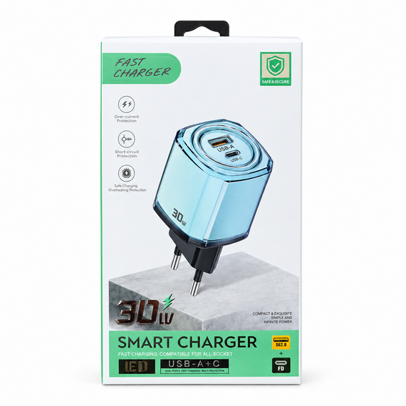 Сетевое зарядное устройство Smart Charger 30W USB-A + USB-C с поддержкой QC 3.0 и PD Голубое | Зображення 1